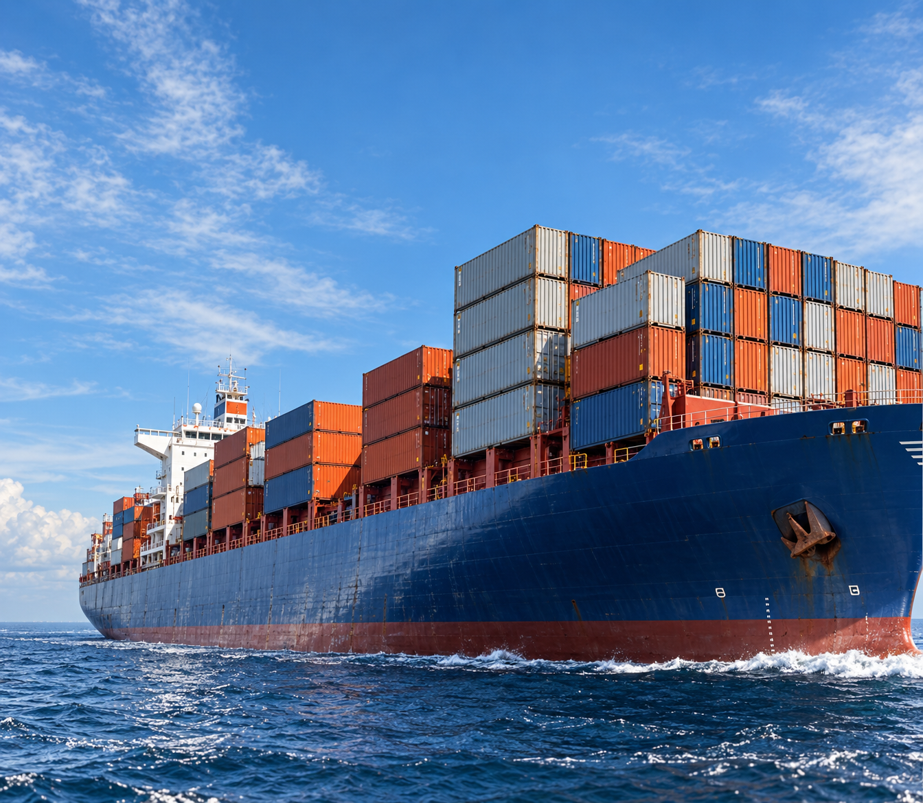 A loaded container ship under way at sea