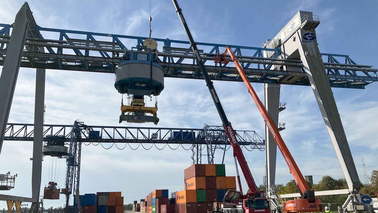 A ShipFreeway container being hoisted by crane
