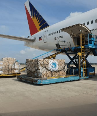 Palletised freight being loaded into a cargo aircraft